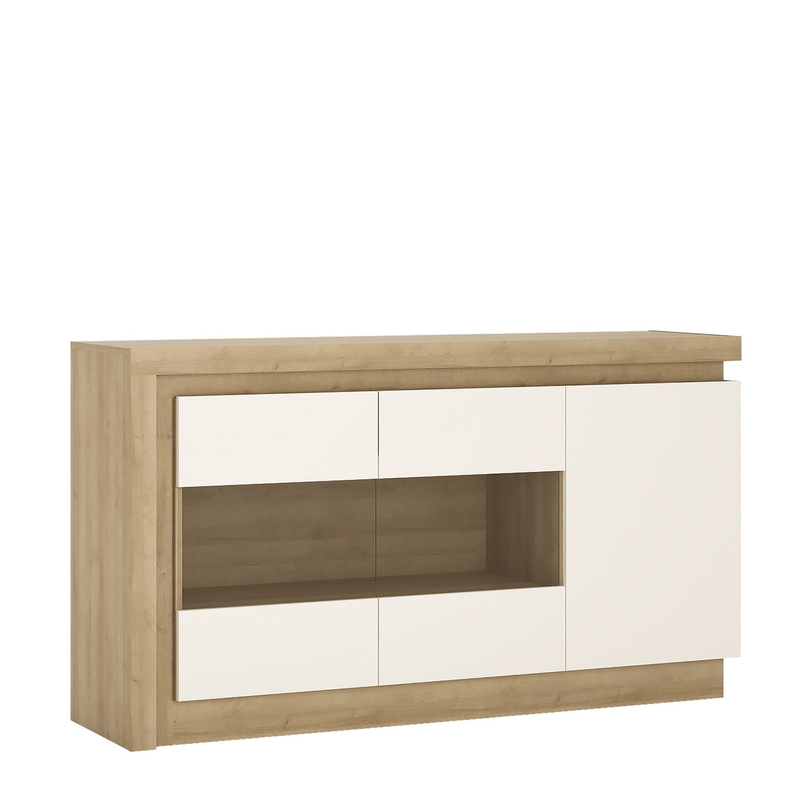 4260465_1 Lyon 3 Door Glazed Sideboard in Riviera Oak/White High Gloss - Image 1