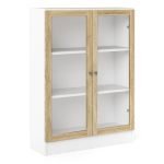 Basic Low Wide Display Cabinet in White (2 Shelves) with 2 Glass Doors in Oak