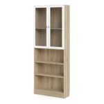 Basic Tall Wide Display Cabinet in Oak (4 Shelves) with 2 Glass White Doors - Image 2
