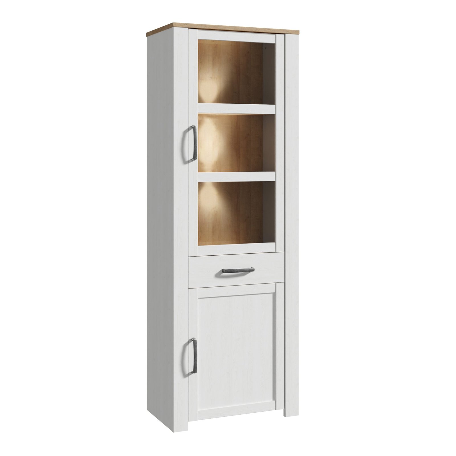 801bhlv712m482p12_1 Bohol Narrow Display Cabinet inc. 2x LED Lights in Riviera Oak/White - Image 1