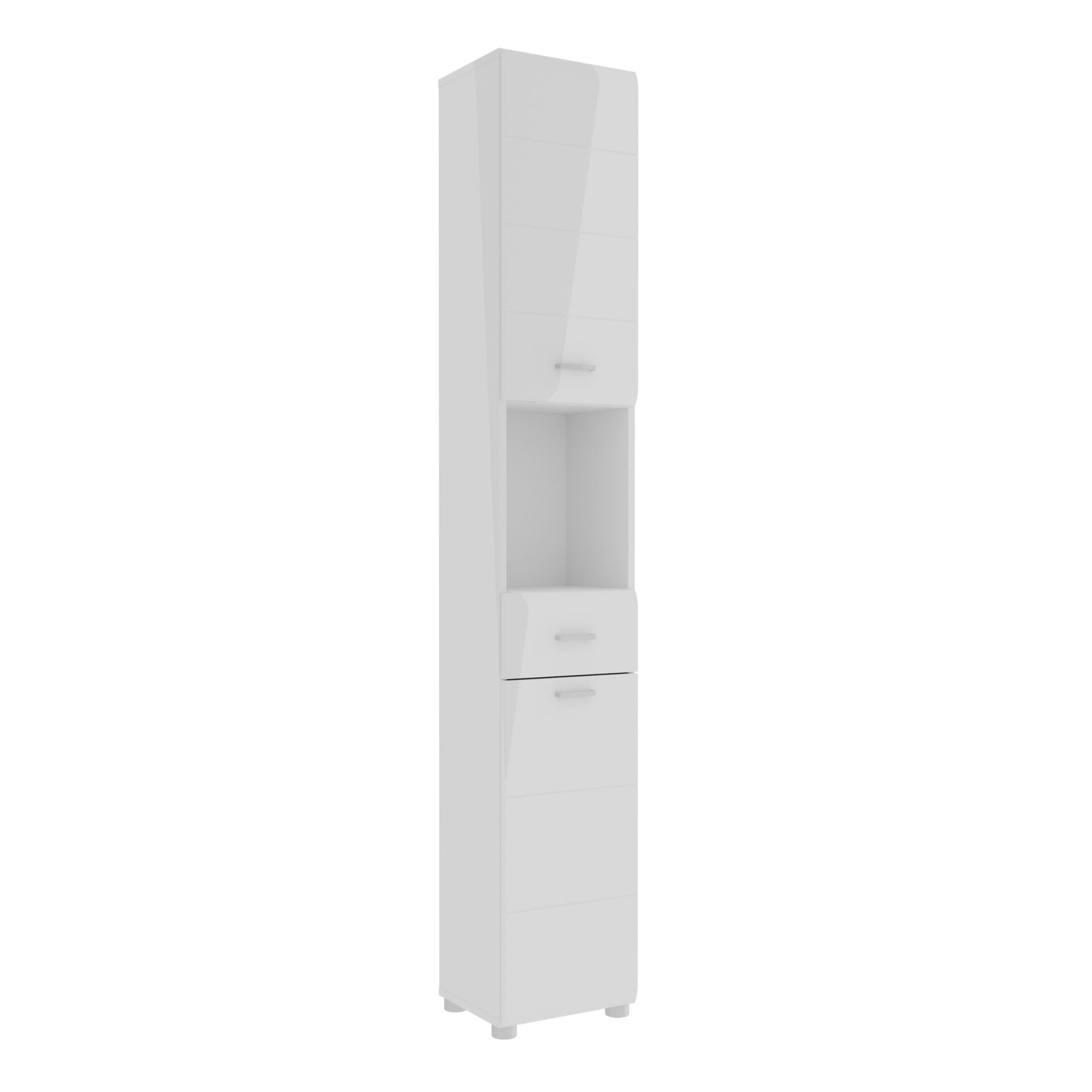 80FCQVS711C857_1 Ice Cave Narrow Bathroom Storage Cabinet with 2 Doors & 1 Drawer with Silver Handles in White with White High Gloss Fronts - Image 1