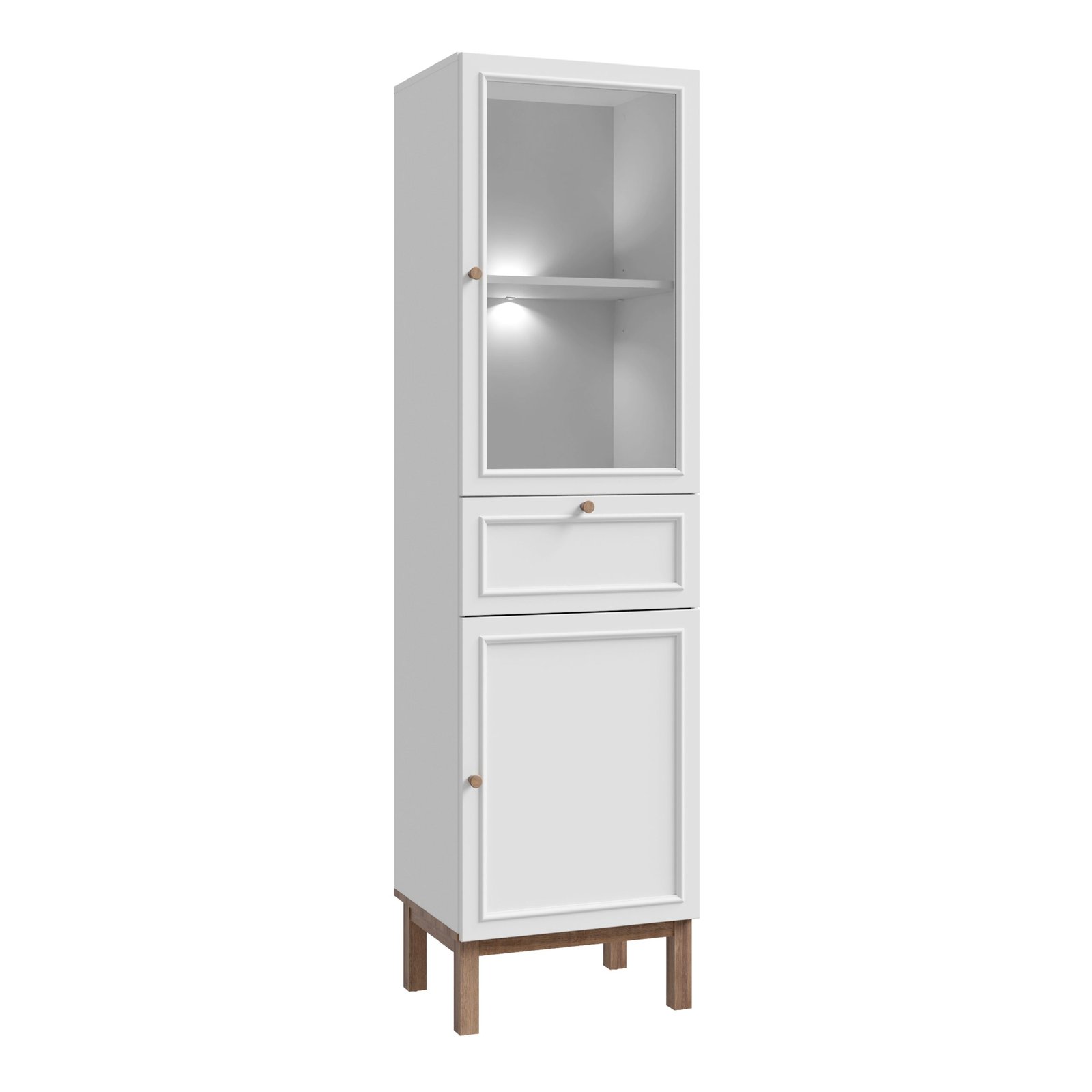 80FPkdv711M848L_1 Wensley Display Cabinet with 1 Door 1 Drawer and 1 Glass Door in Light Grey and Oak inc LED Lighting - Image 1