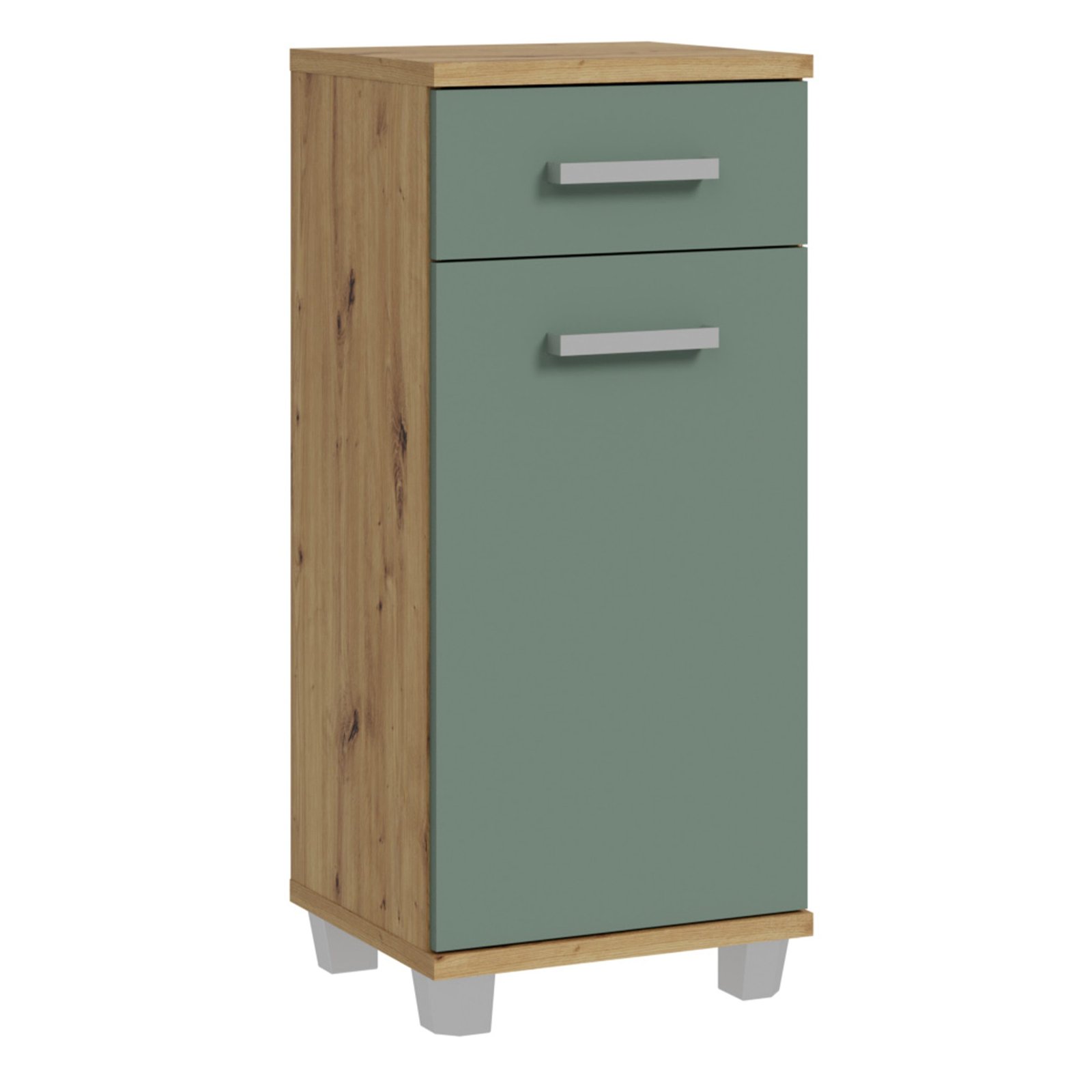 80FVERK22M888_1 Veris Bathroom Cupboard with 1 Door & 1 Drawer in Artisan Oak and Sage Green - Image 1