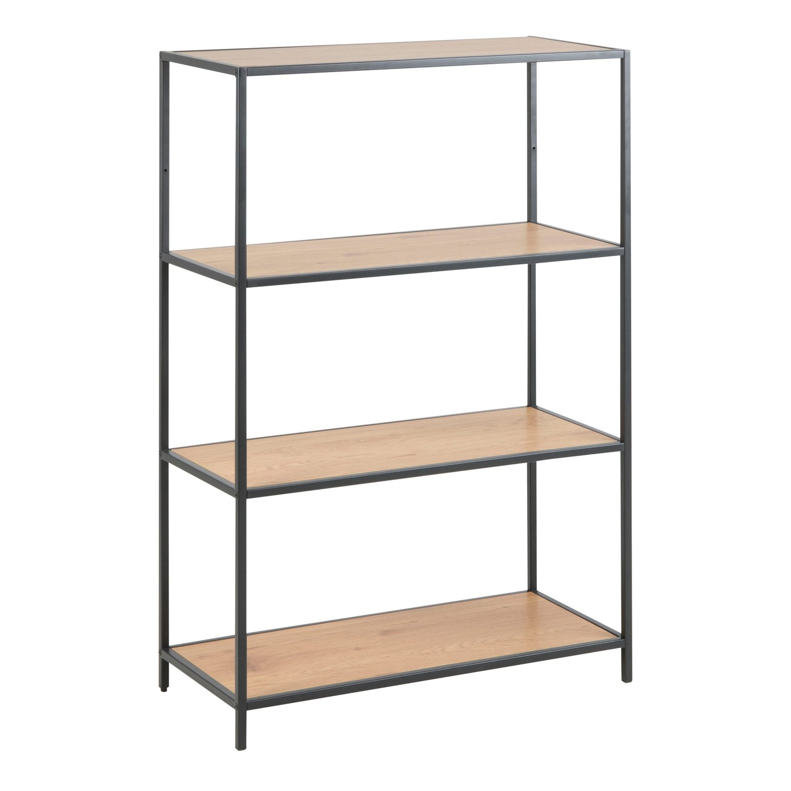 90A0000075966_1 Seaford Black Metal Low Bookcase with 3 Oak Shelves - Image 1