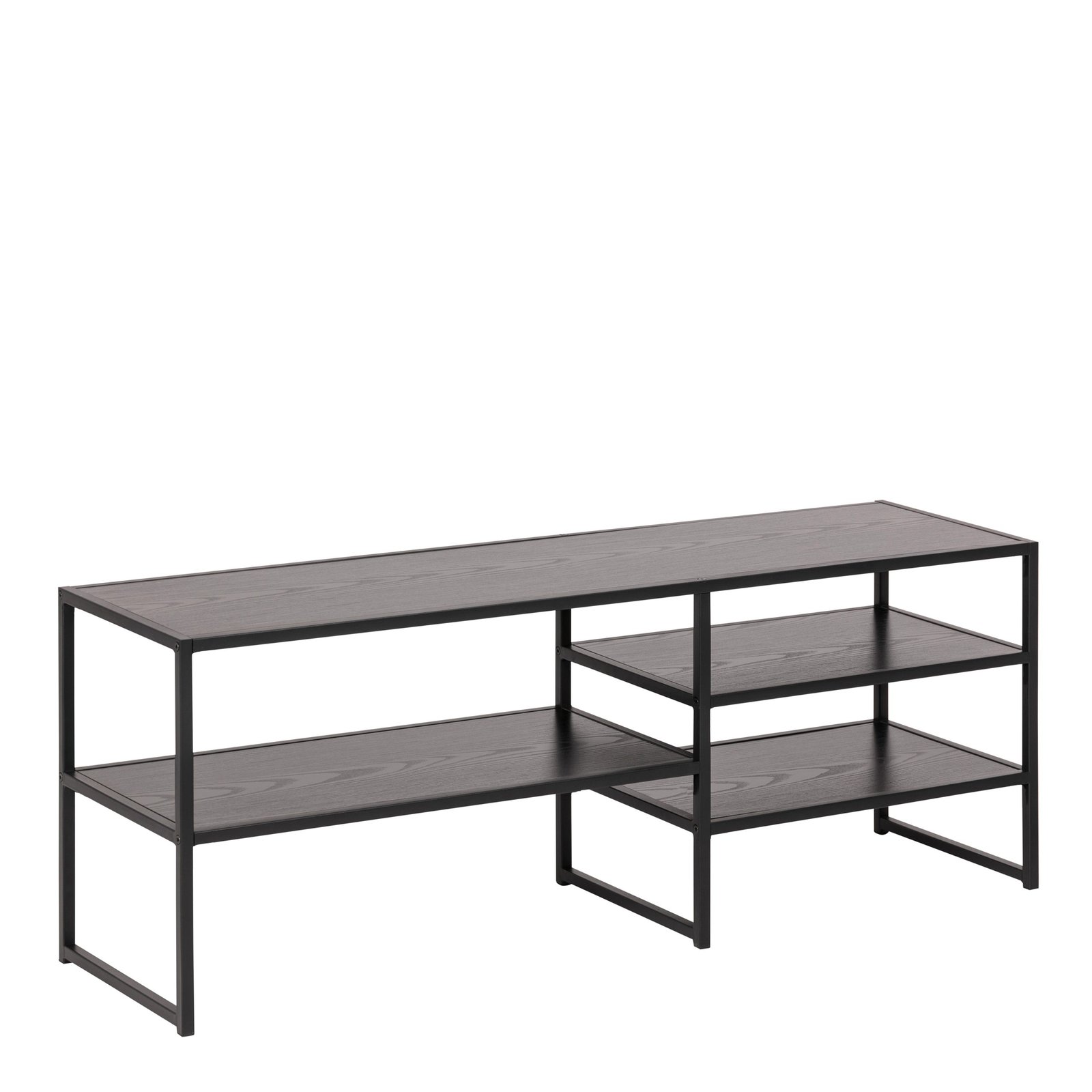 90A0000084628_1 Seaford Black Metal Open TV Unit with 3 Black Shelves - Image 1