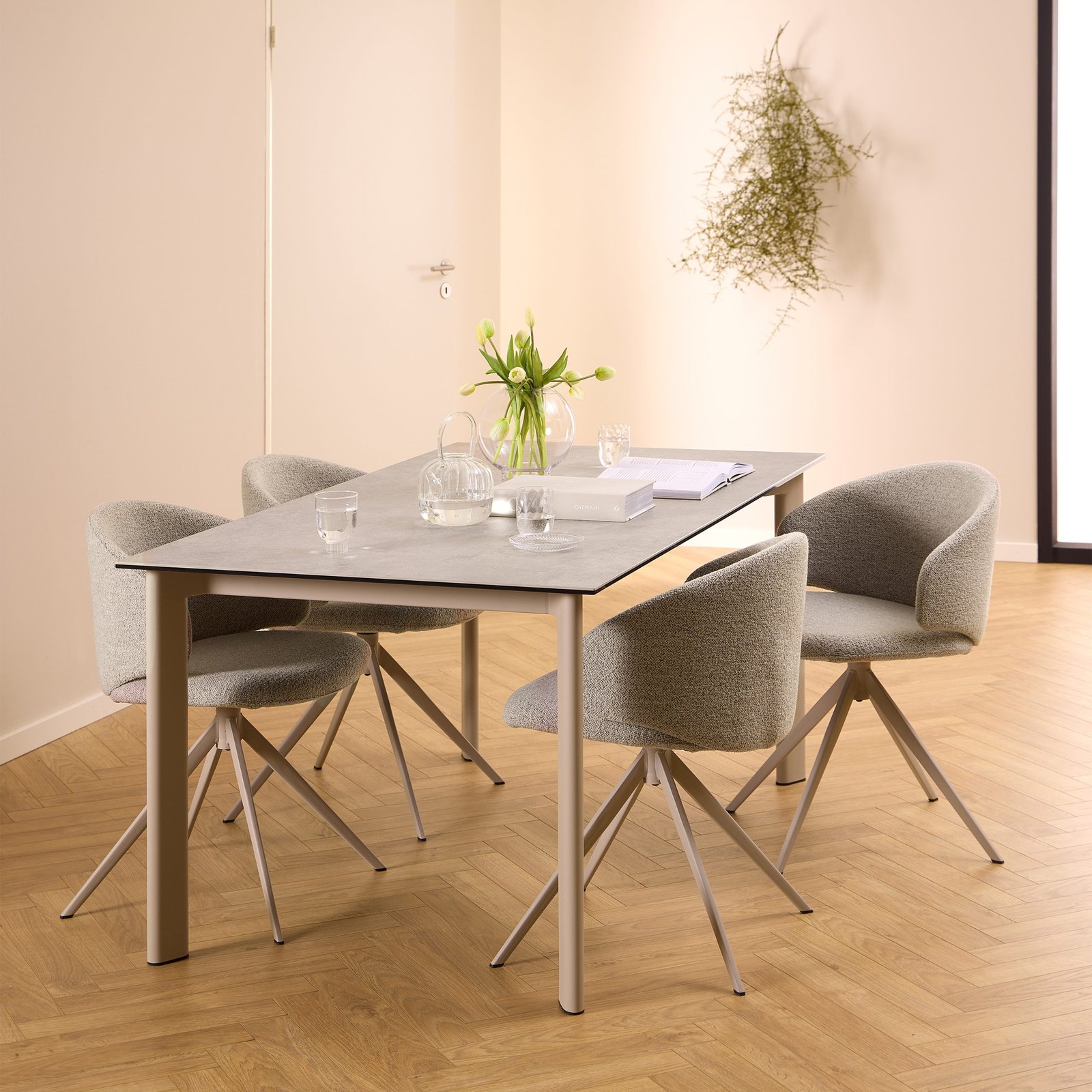 90AH000024121p1_1 Palermo Ceramic Dining Table in Grey 160x90cm includes 4 Ella Swivel Beige Dining Chairs - Image 1